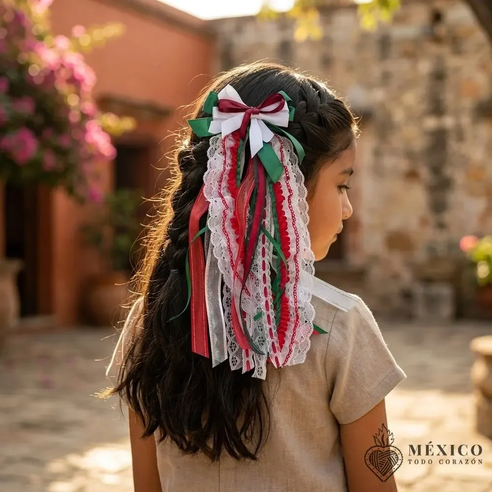 Mexican hair clip tri color lace and ribbon red green and white